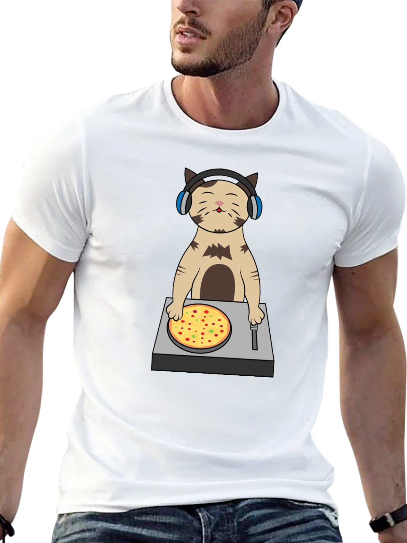 DJ Cat Pizza Turntable Graphic T-Shirt