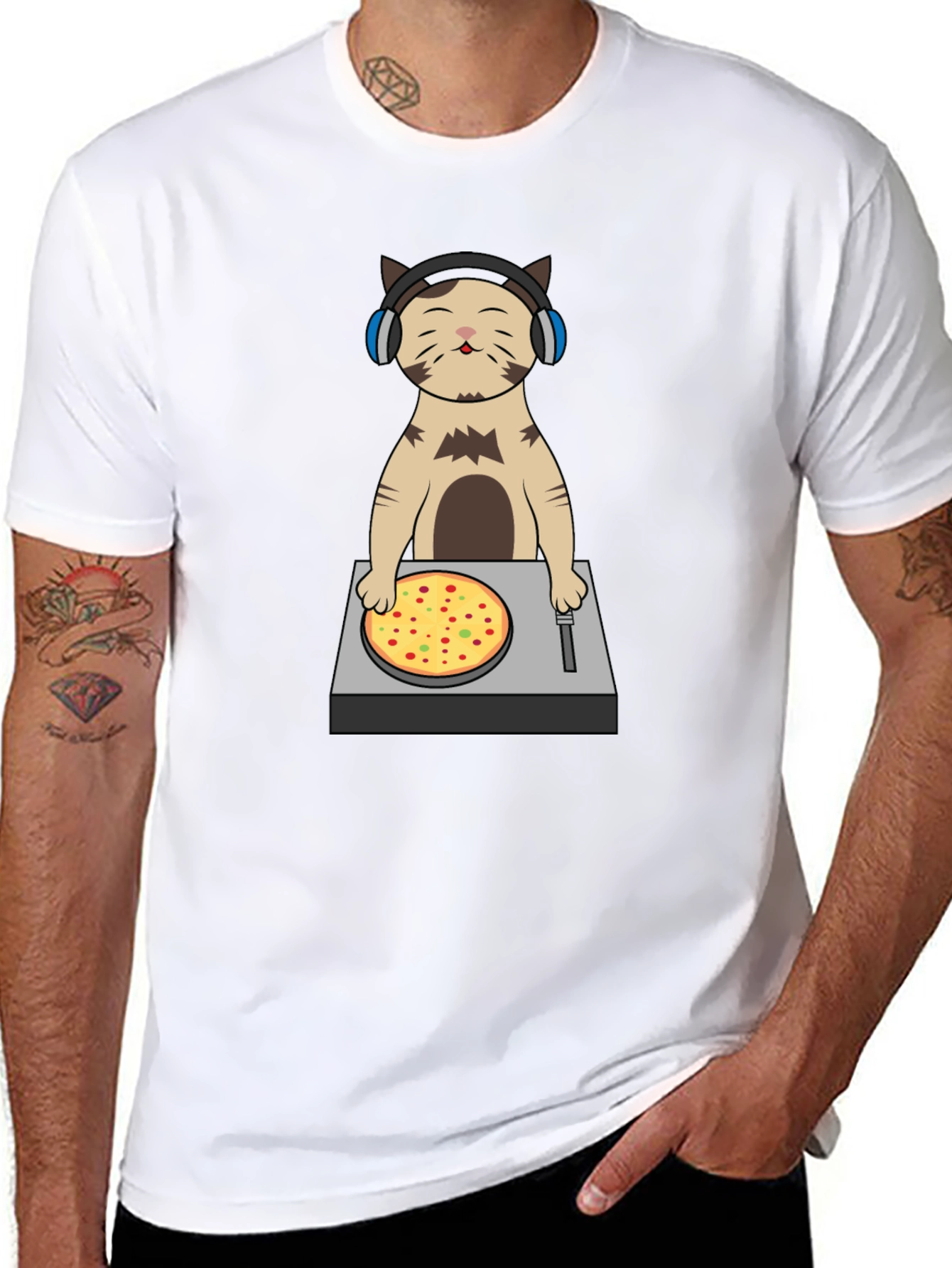 DJ Cat Pizza Turntable Graphic T-Shirt
