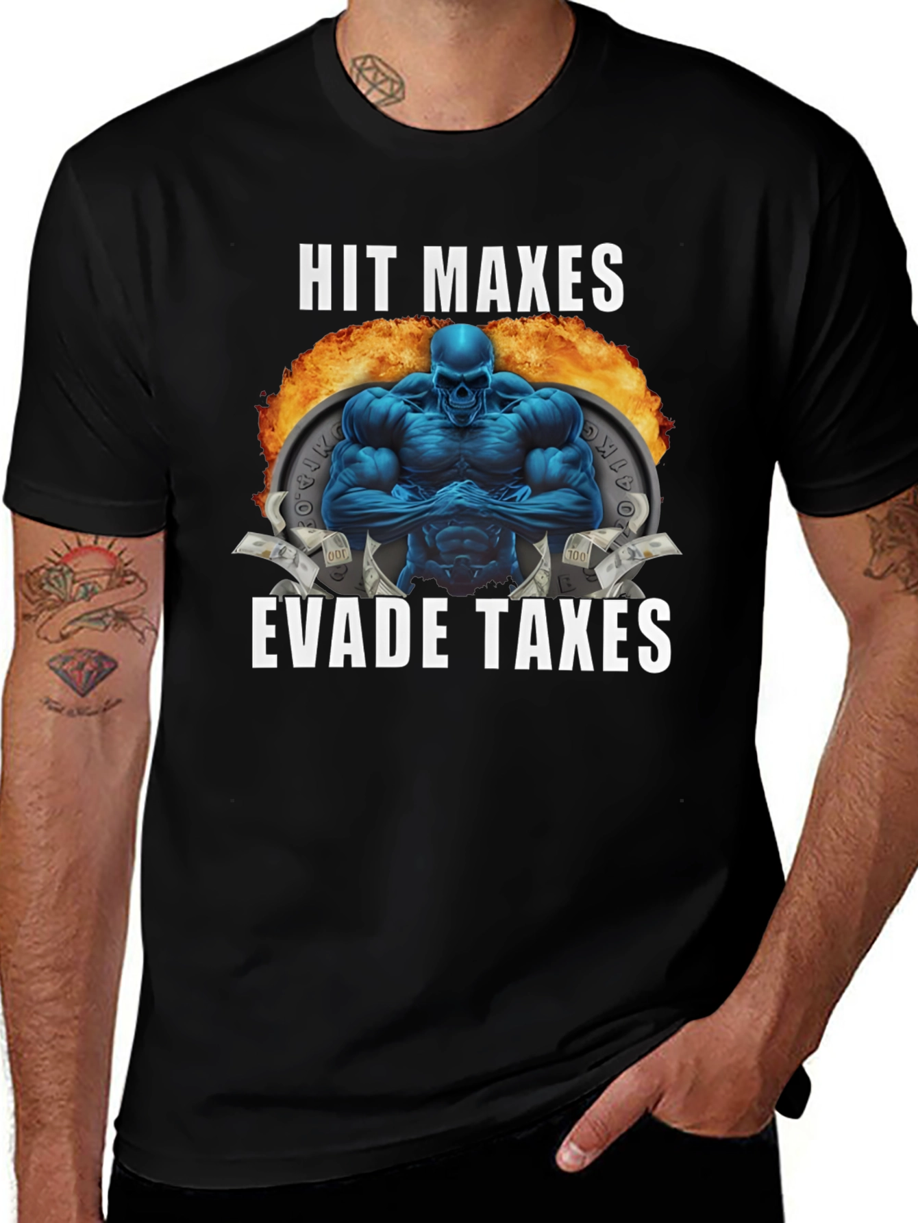 Hit Maxes Evade Taxes T-Shirt - Gym Bro Style