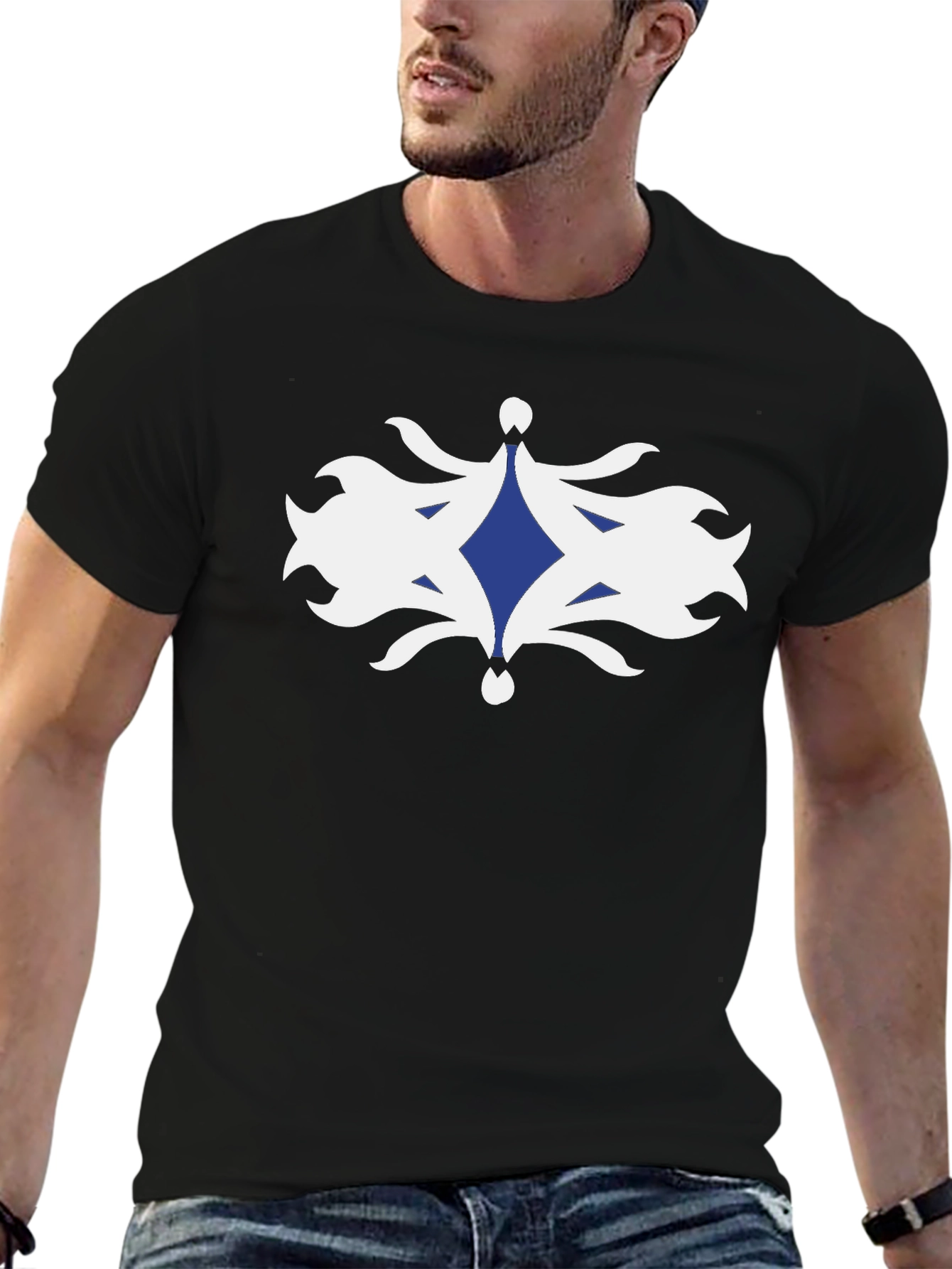 Stylish Black T-Shirt with Blue Diamond Graphic Design