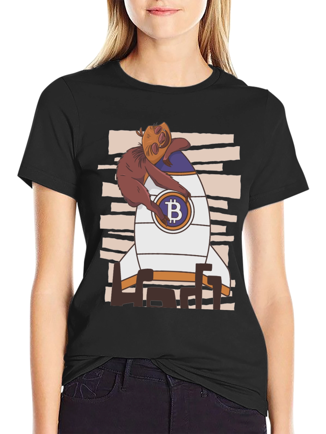 Bitcoin Sloth Rocket Black T-Shirt
