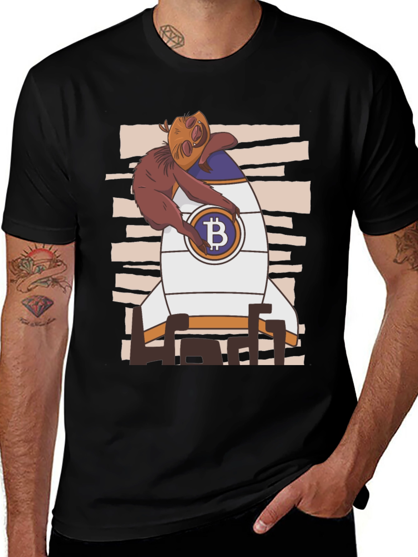 Bitcoin Sloth Rocket Black T-Shirt
