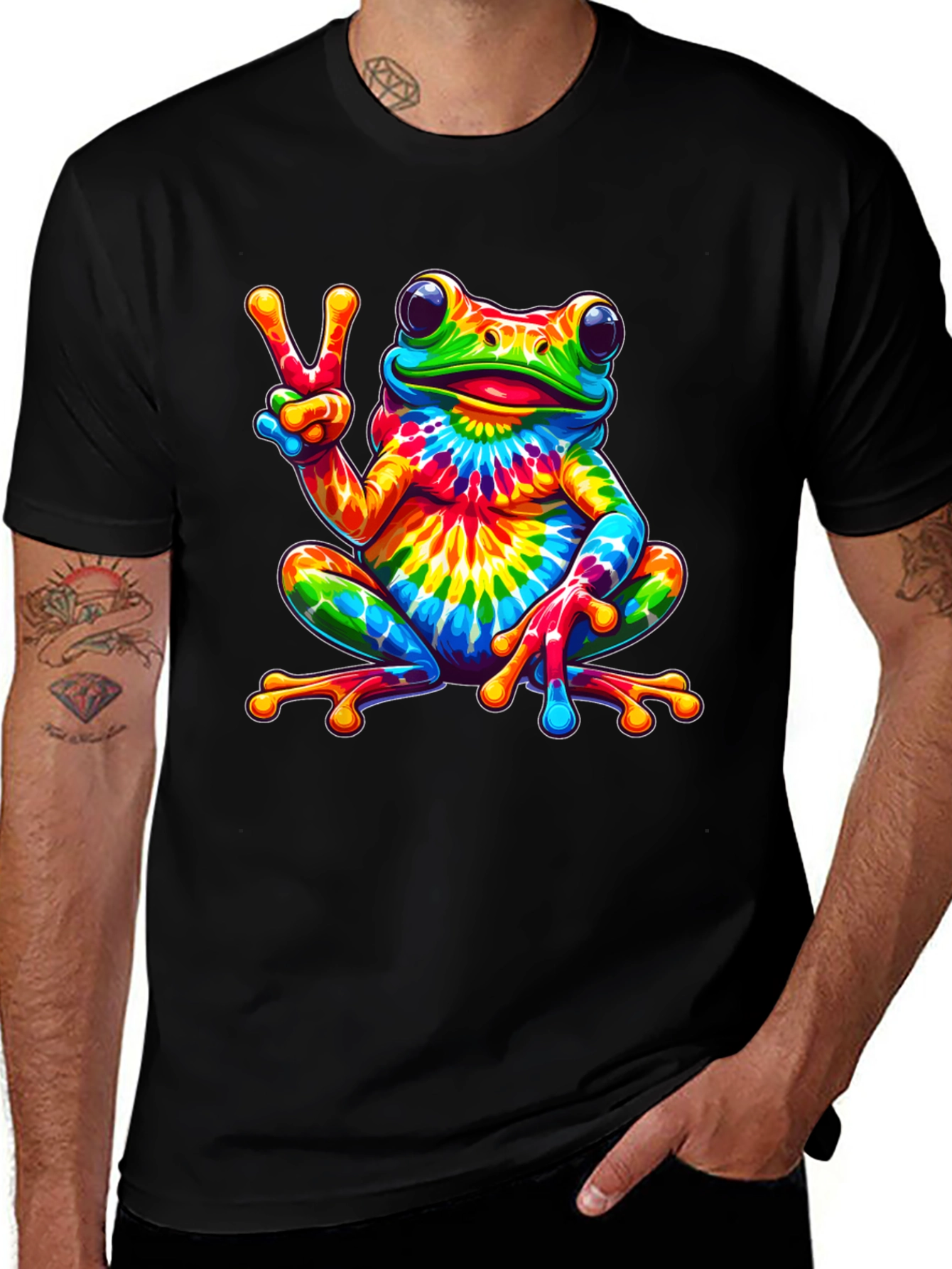 Tie-Dye Frog Peace Sign Black T-Shirt