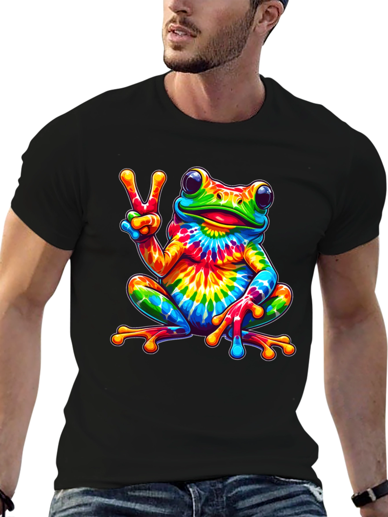 Tie-Dye Frog Peace Sign Black T-Shirt