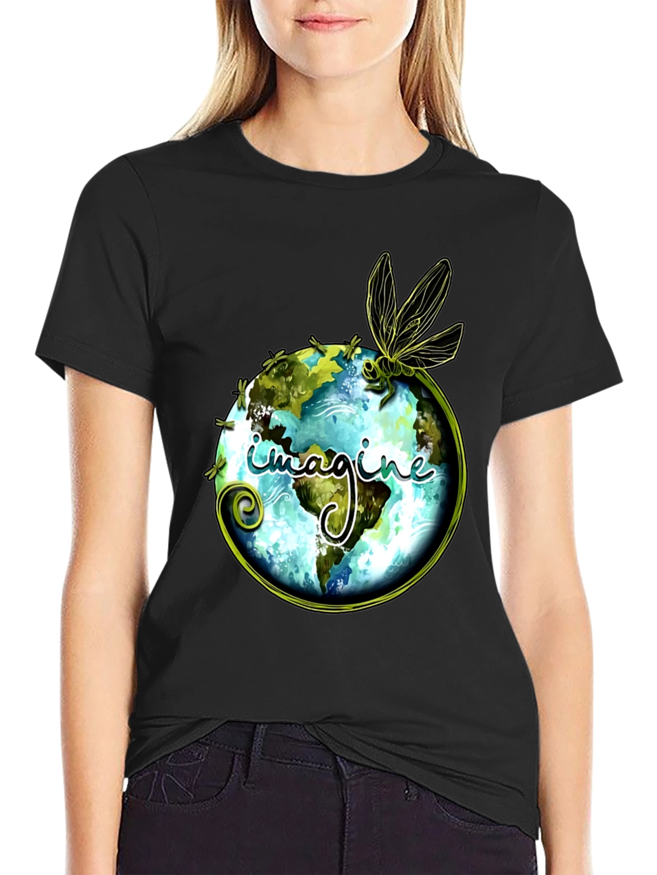 Imagine Earth Dragonfly Graphic Black T-Shirt