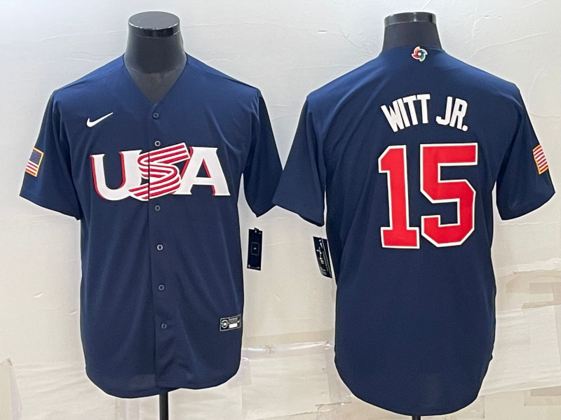 Men's 2023 World Baseball Classic #15 Bobby Witt Jr. USA Navy Jerseys