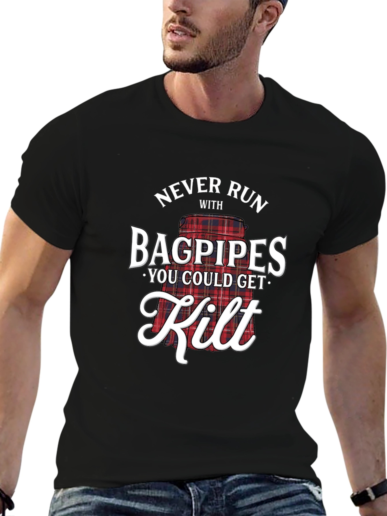 Never Run With Bagpipes T-Shirt Funny Scottish Kilt Tee