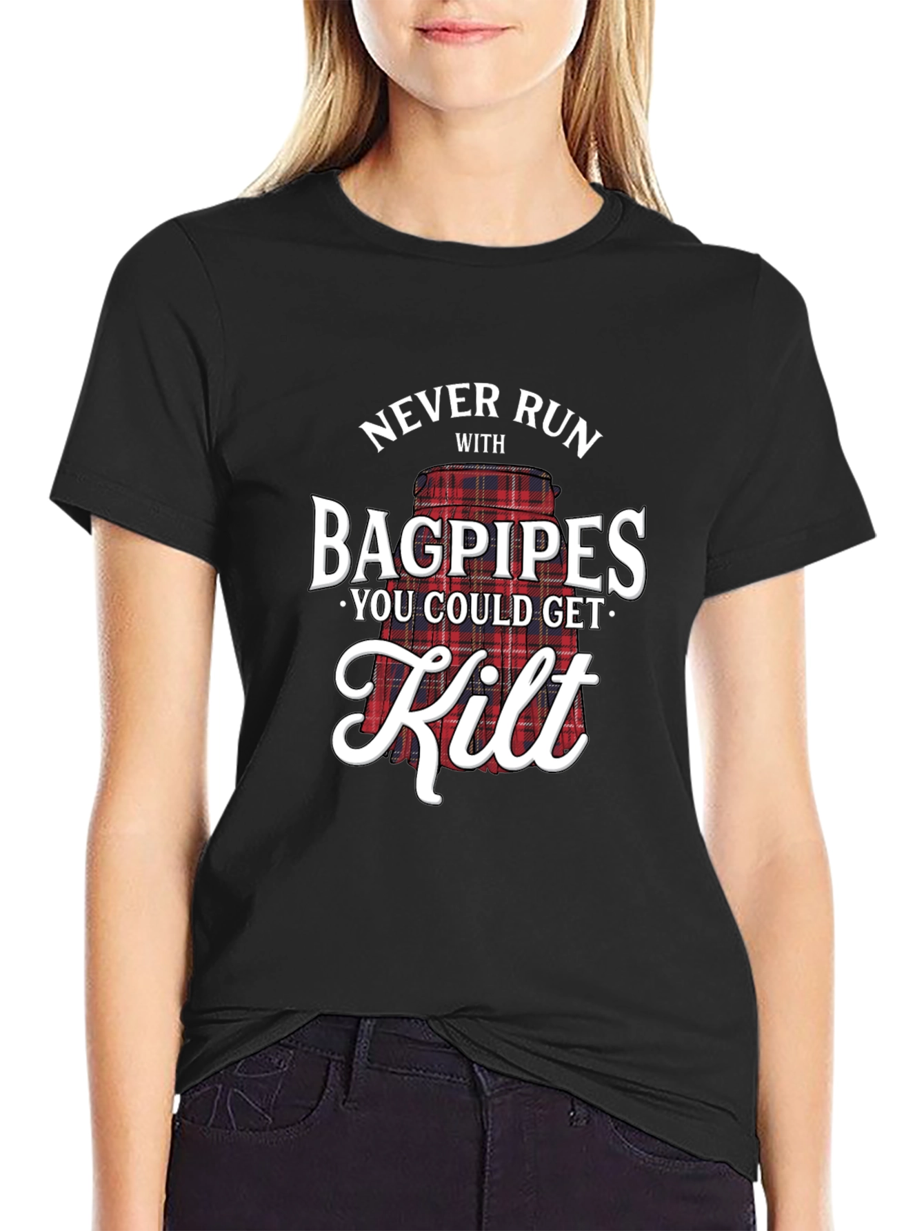 Never Run With Bagpipes T-Shirt Funny Scottish Kilt Tee