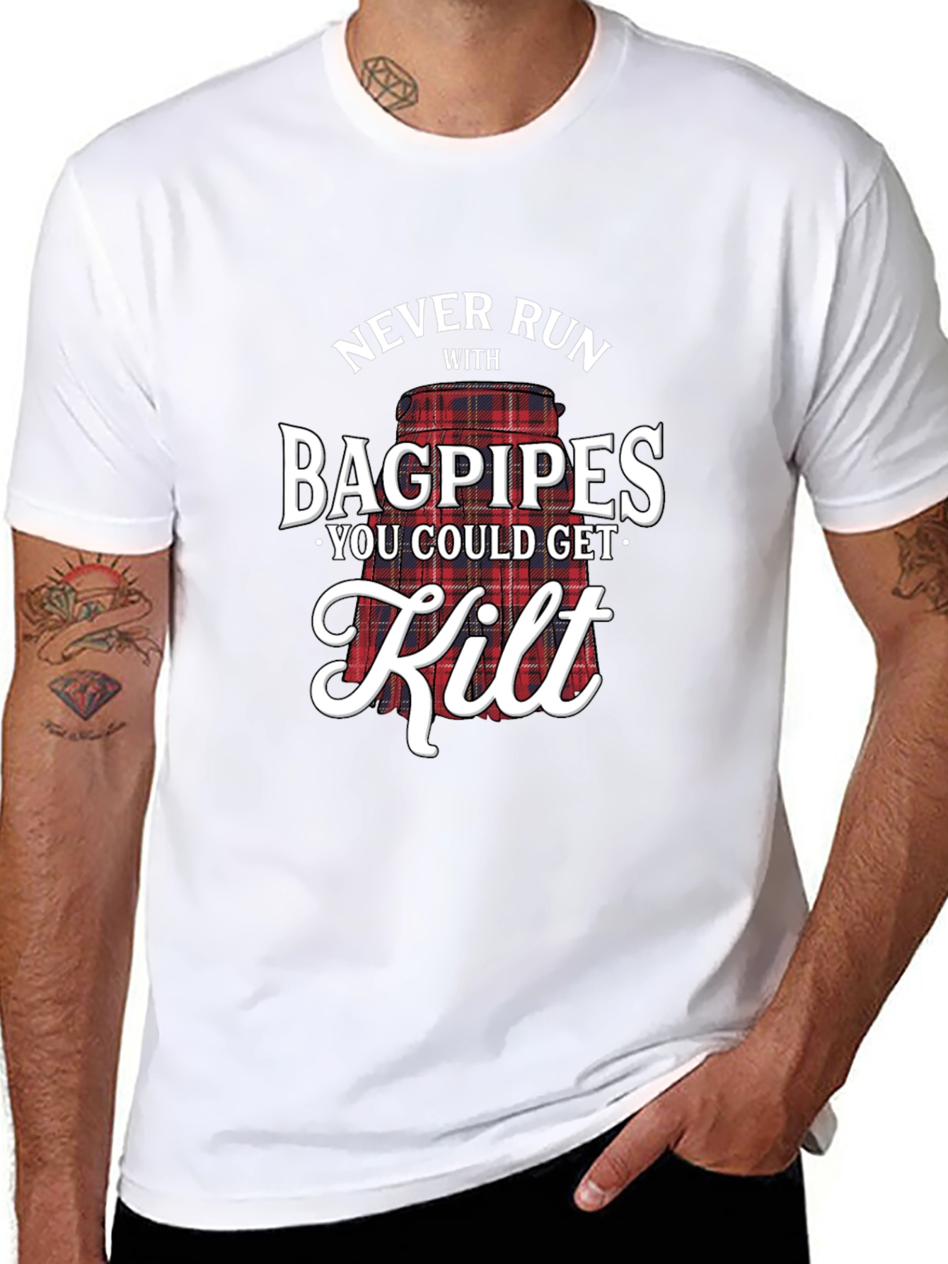 Never Run With Bagpipes T-Shirt Funny Scottish Kilt Tee