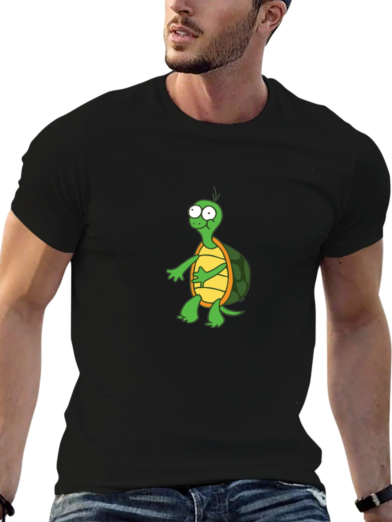 Cartoon Turtle Graphic T-Shirt - Black Crew Neck