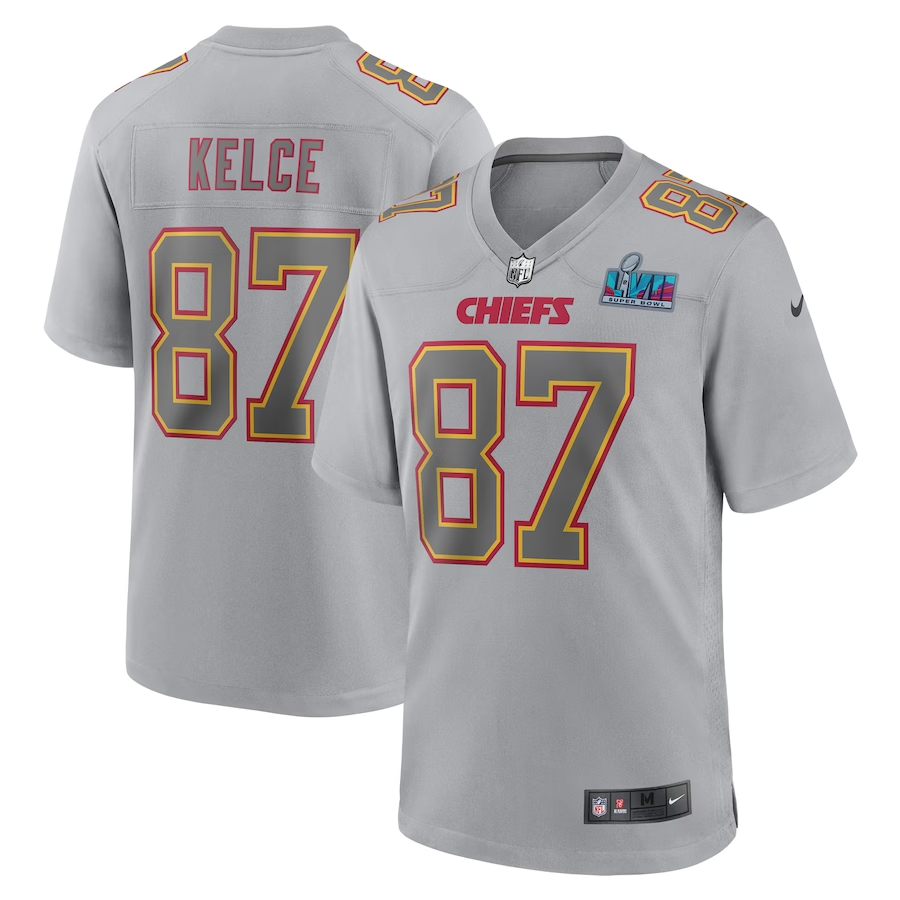Men's Kansas City Chiefs Travis Kelce #87 Gray Super Bowl LVII Patch Atmosphere Fashion Game Jerseys