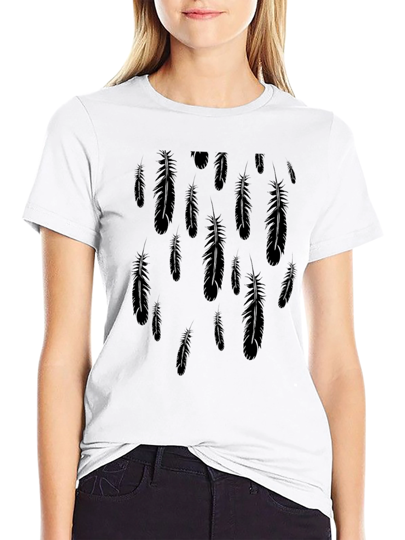 Feather Print Black Casual T-Shirt