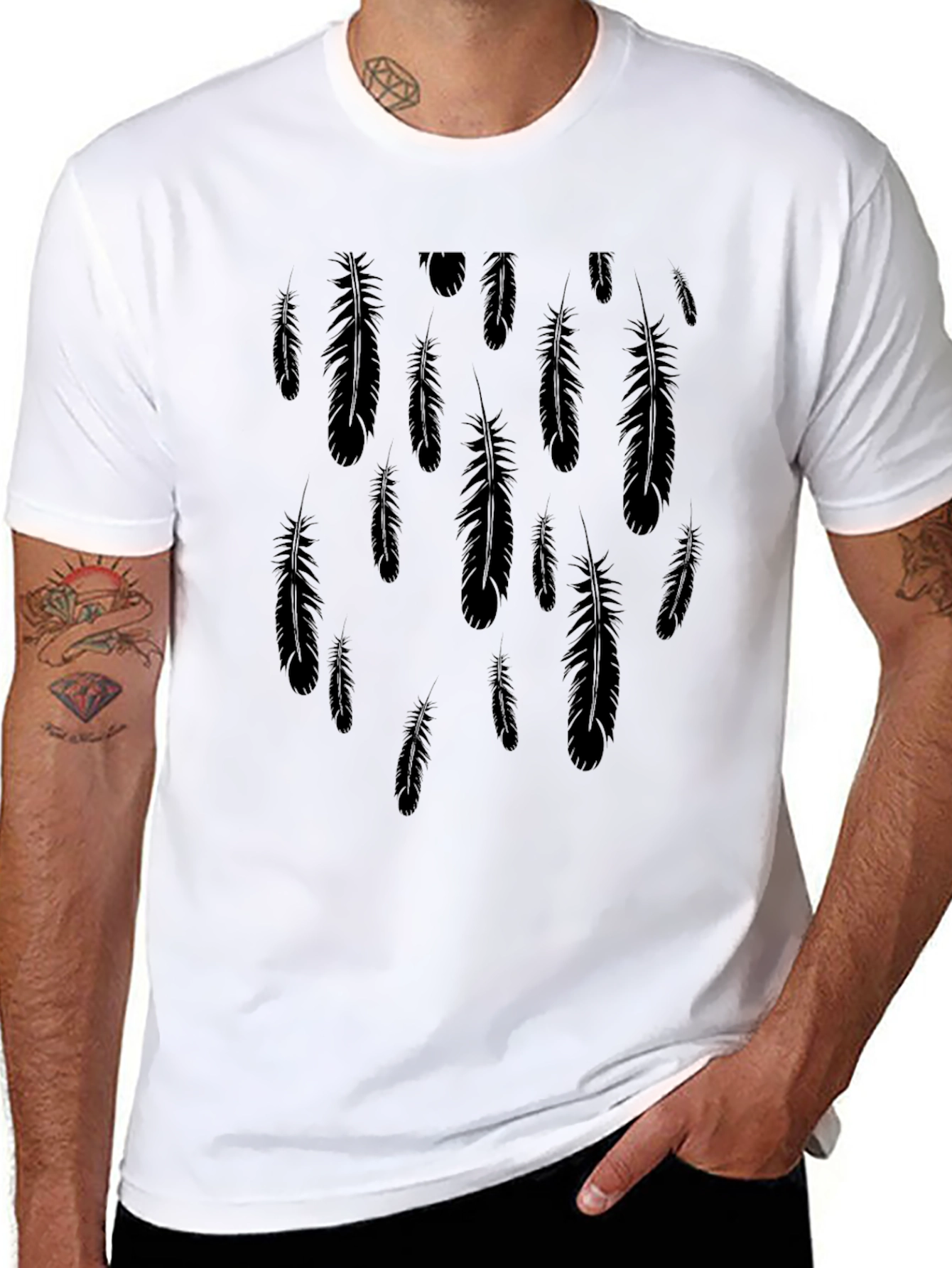 Feather Print Black Casual T-Shirt