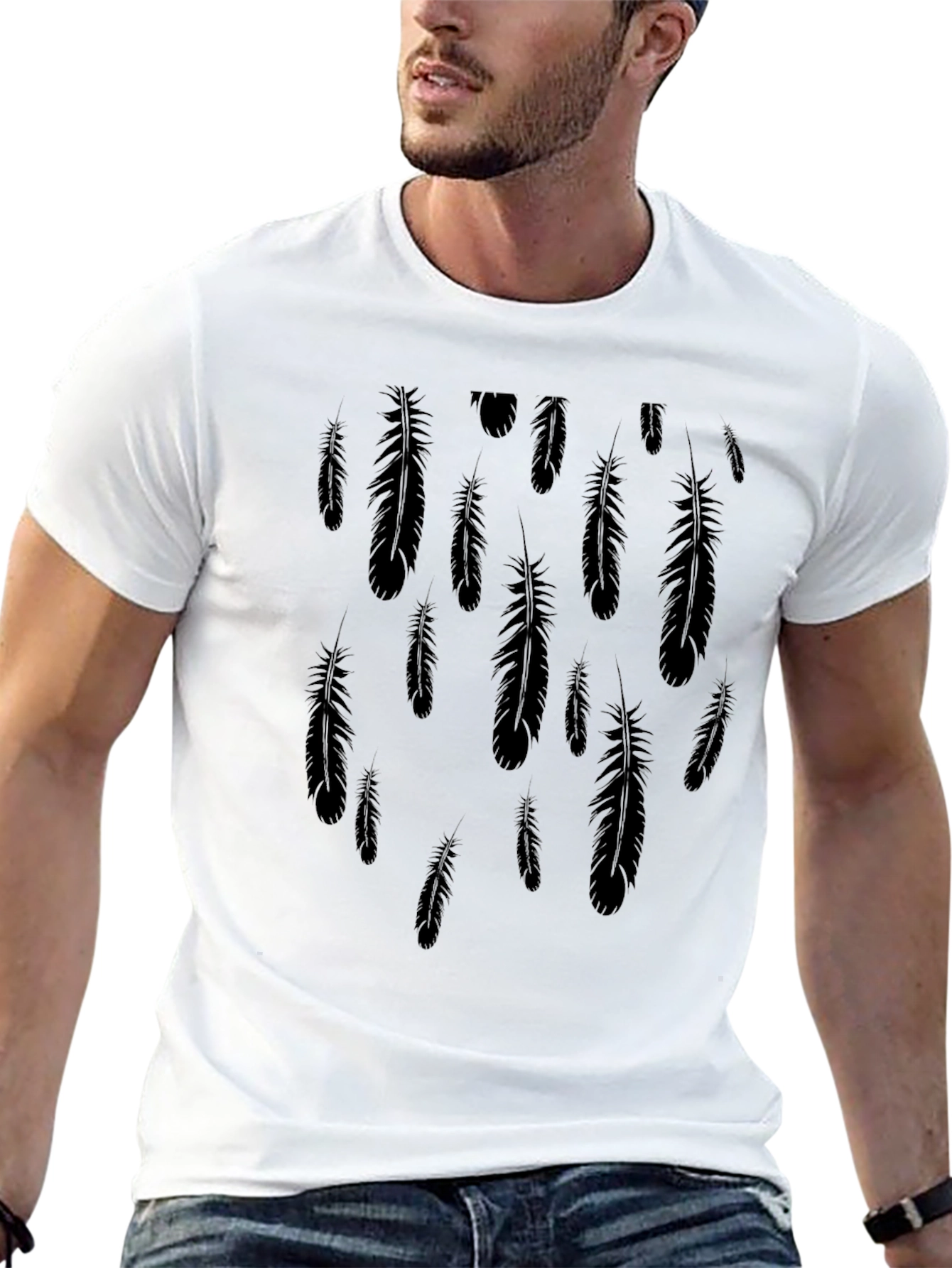 Feather Print Black Casual T-Shirt