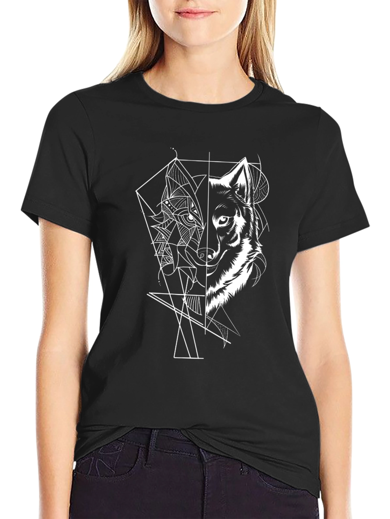 Geometric Wolf Graphic Tee - Cool Black T-Shirt