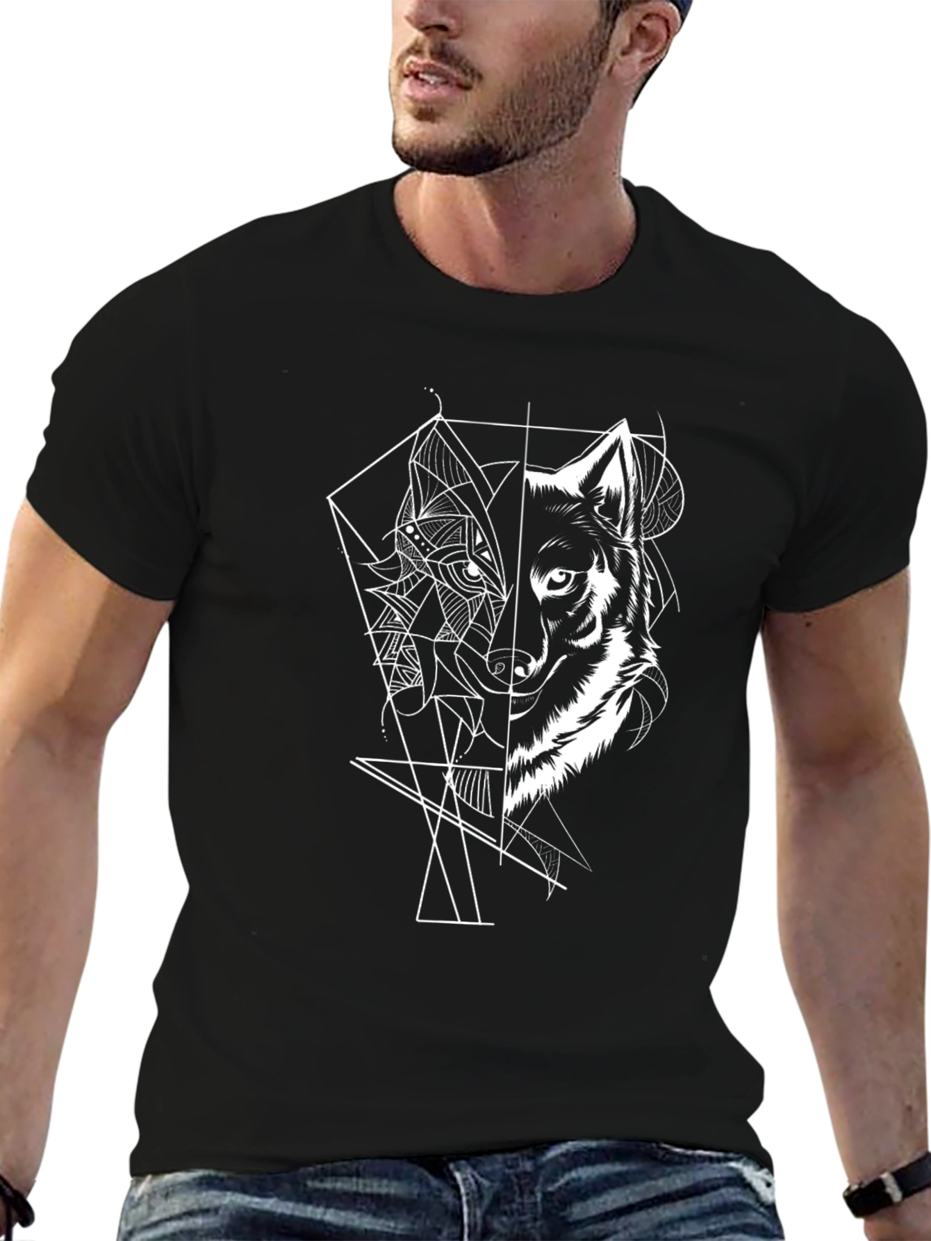 Geometric Wolf Graphic Tee - Cool Black T-Shirt