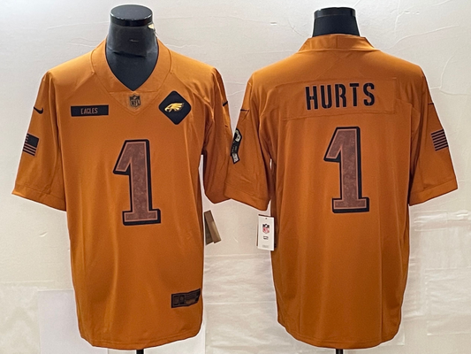 Men's Philadelphia Eagles Jalen Hurts #1 Brown 2023 Salute To Service Limited Jerseys