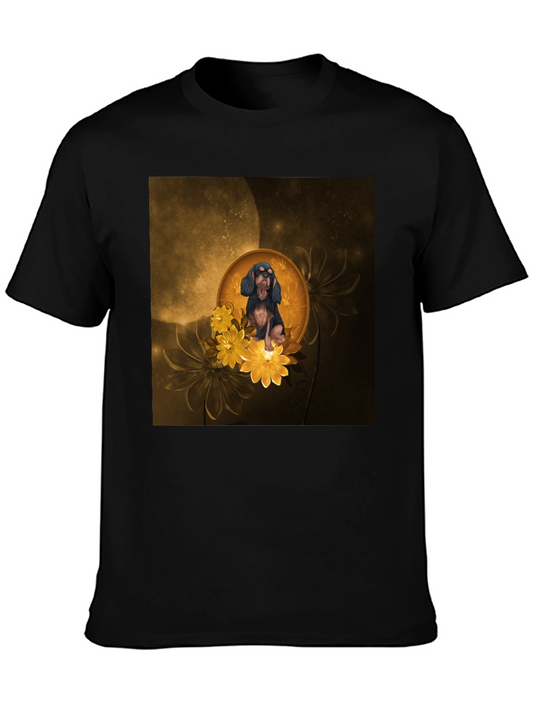 Dog & Floral Graphic Tee - Unique Mens Black T-Shirt