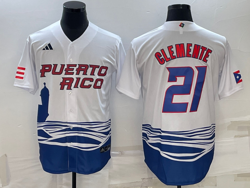 Men's 2023 World Baseball Classic #21 Roberto Clemente Puerto Rico White Jerseys
