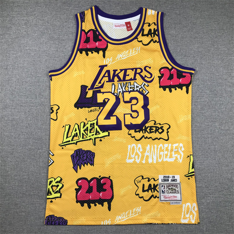 Men's Los Angeles Lakers LeBron James #23 Yellow Swingman Graffiti Edition Jerseys