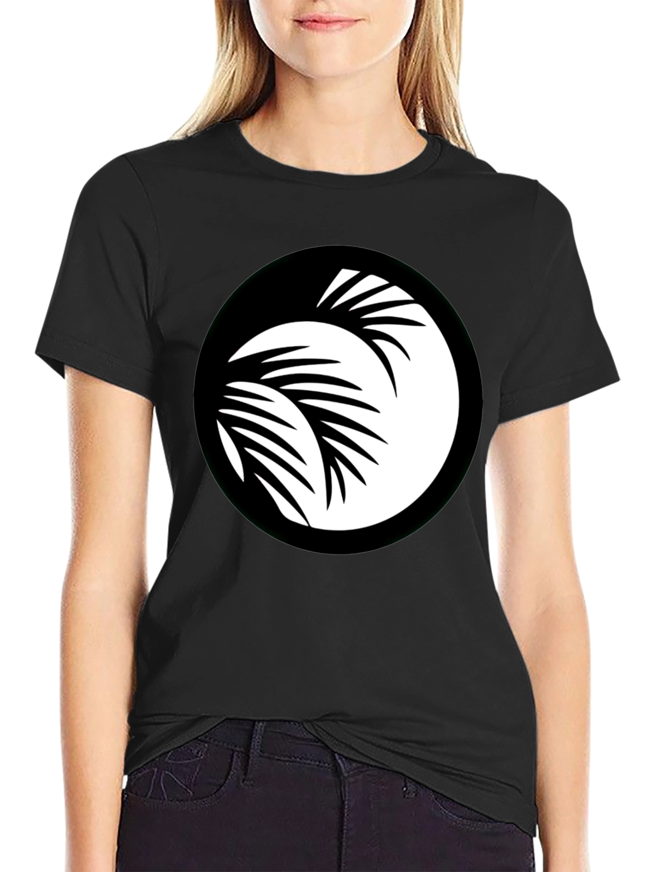 Black T-Shirt with Palm Leaf Circle Graphic