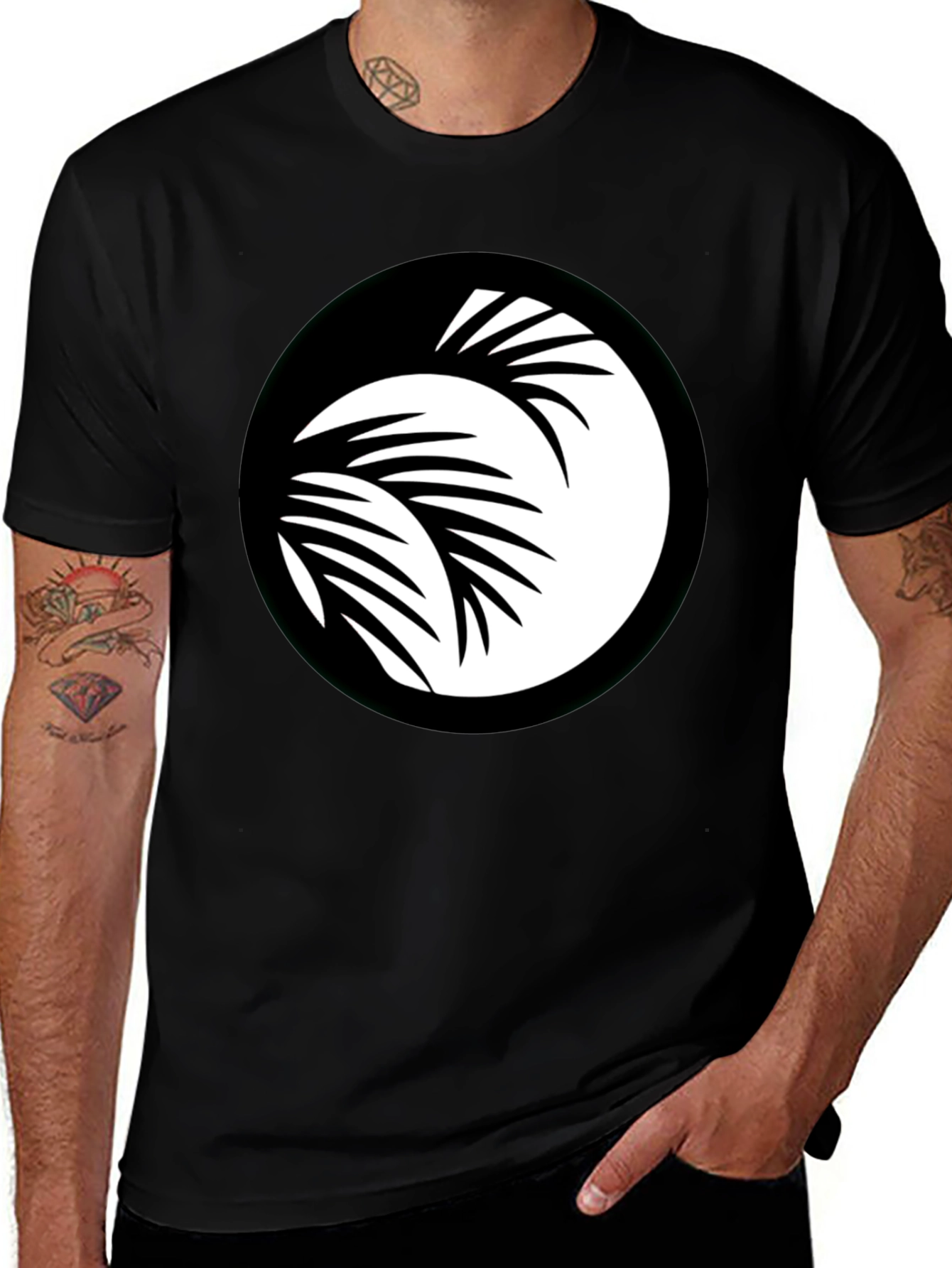 Black T-Shirt with Palm Leaf Circle Graphic