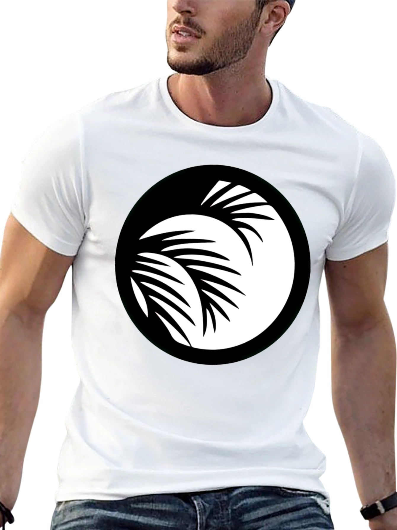 Black T-Shirt with Palm Leaf Circle Graphic