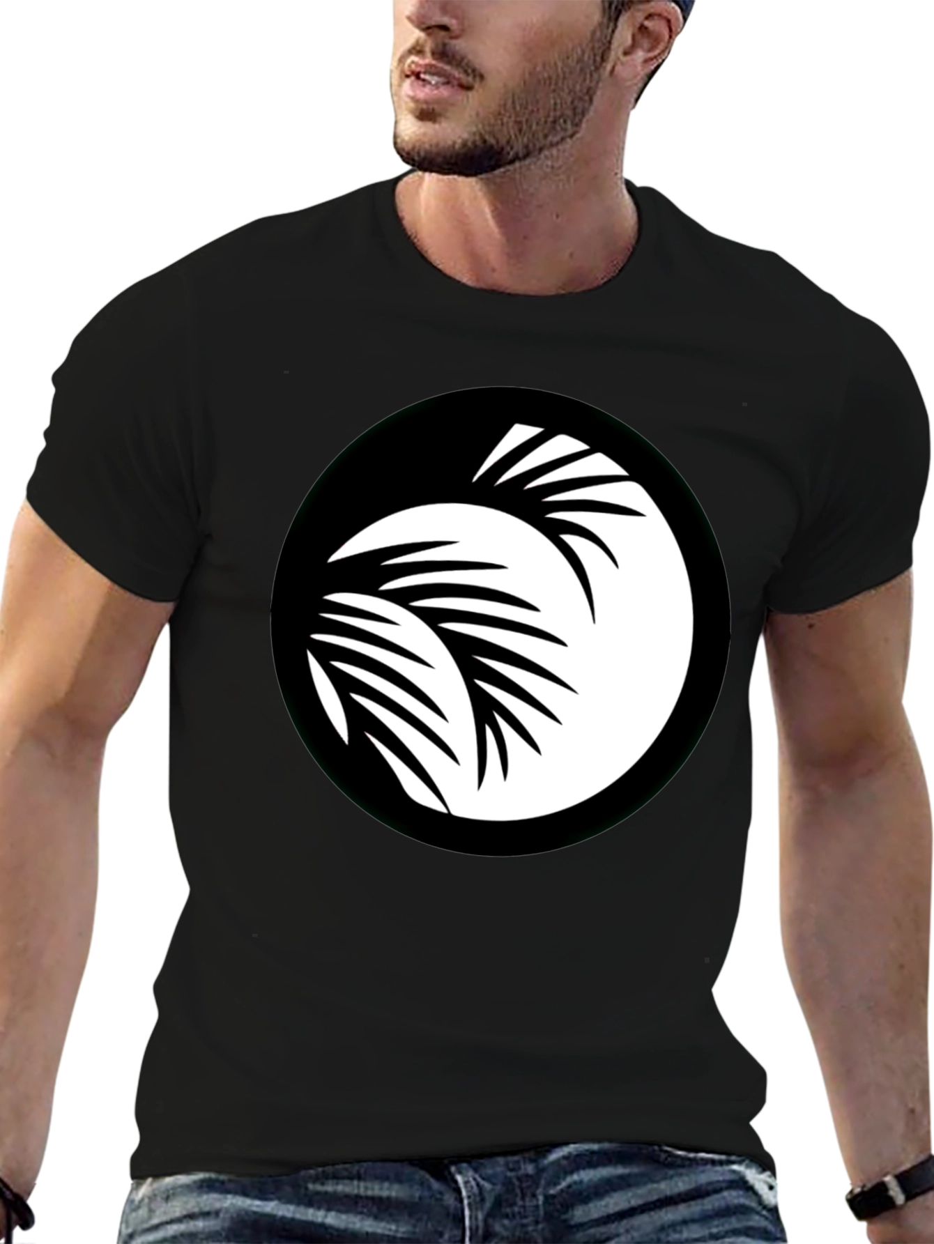 Black T-Shirt with Palm Leaf Circle Graphic