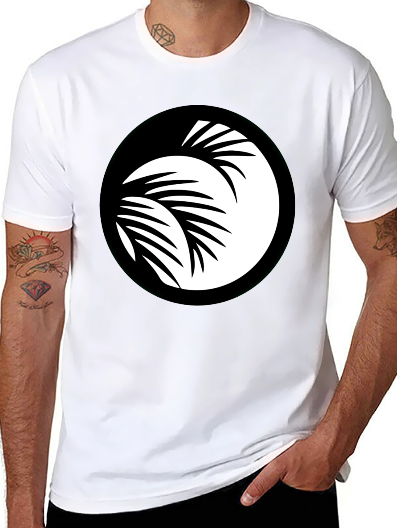 Black T-Shirt with Palm Leaf Circle Graphic