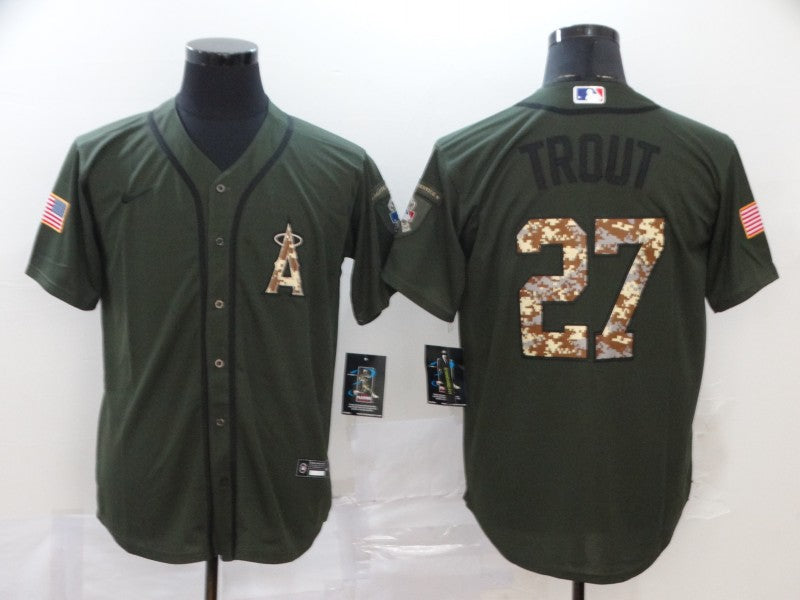 Men's Los Angeles Angels Mike Trout #27 Army Green Replica Player Jerseys