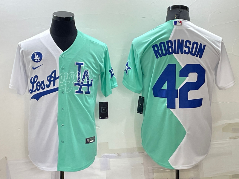 Men's Los Angeles Dodgers Jackie Robinson #42 White/Green Replica Baseball Jerseys