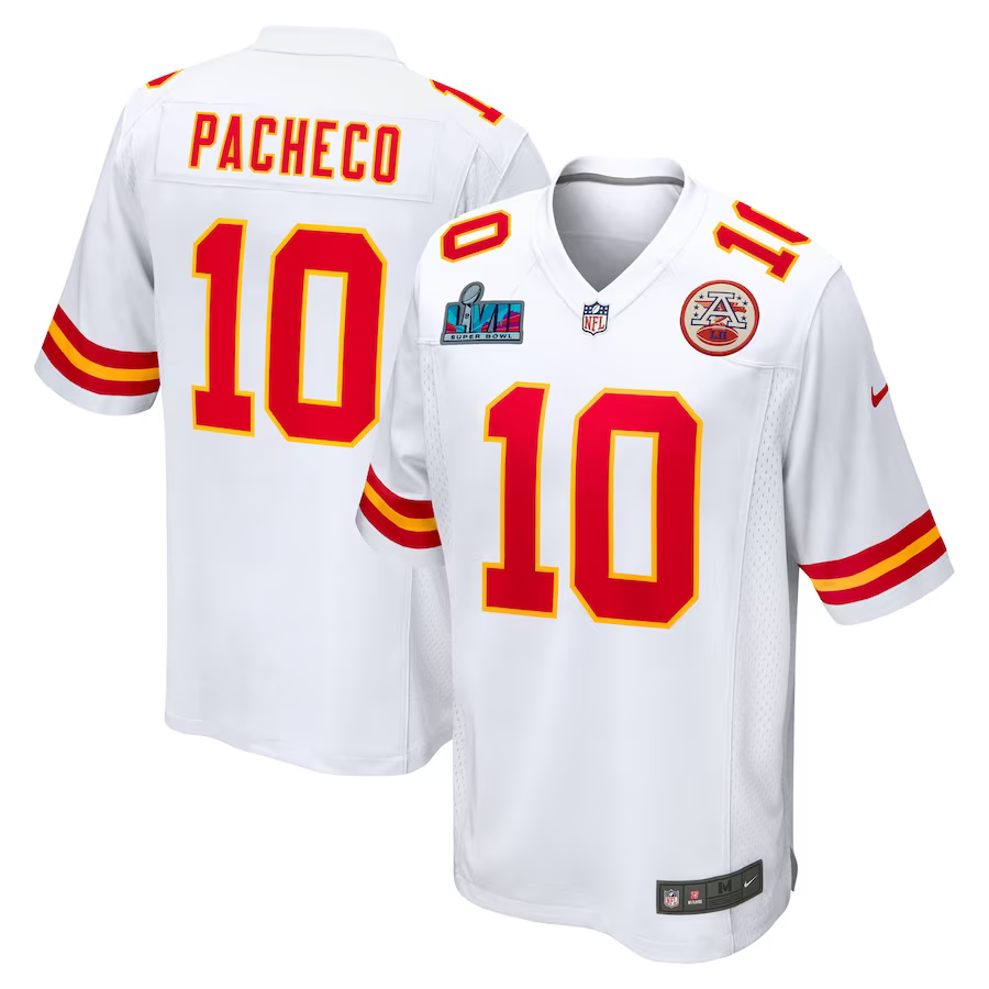 Men's Kansas City Chiefs Isiah Pacheco #10 White Super Bowl LVII Patch Away Game Jerseys