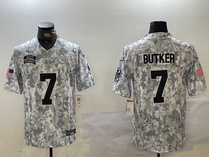 Men's Kansas City Chiefs Harrison Butker #7 Arctic Camo 2024 Salute to Service Limited Jerseys