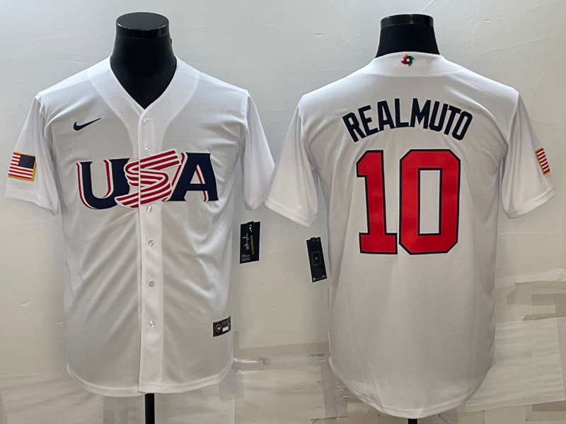 Men's 2023 World Baseball Classic #10 J. T. Realmuto USA White Jerseys