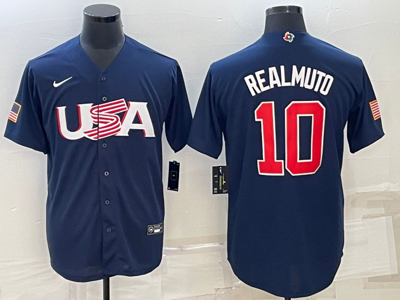 Men's 2023 World Baseball Classic #10 J. T. Realmuto USA Navy Jerseys