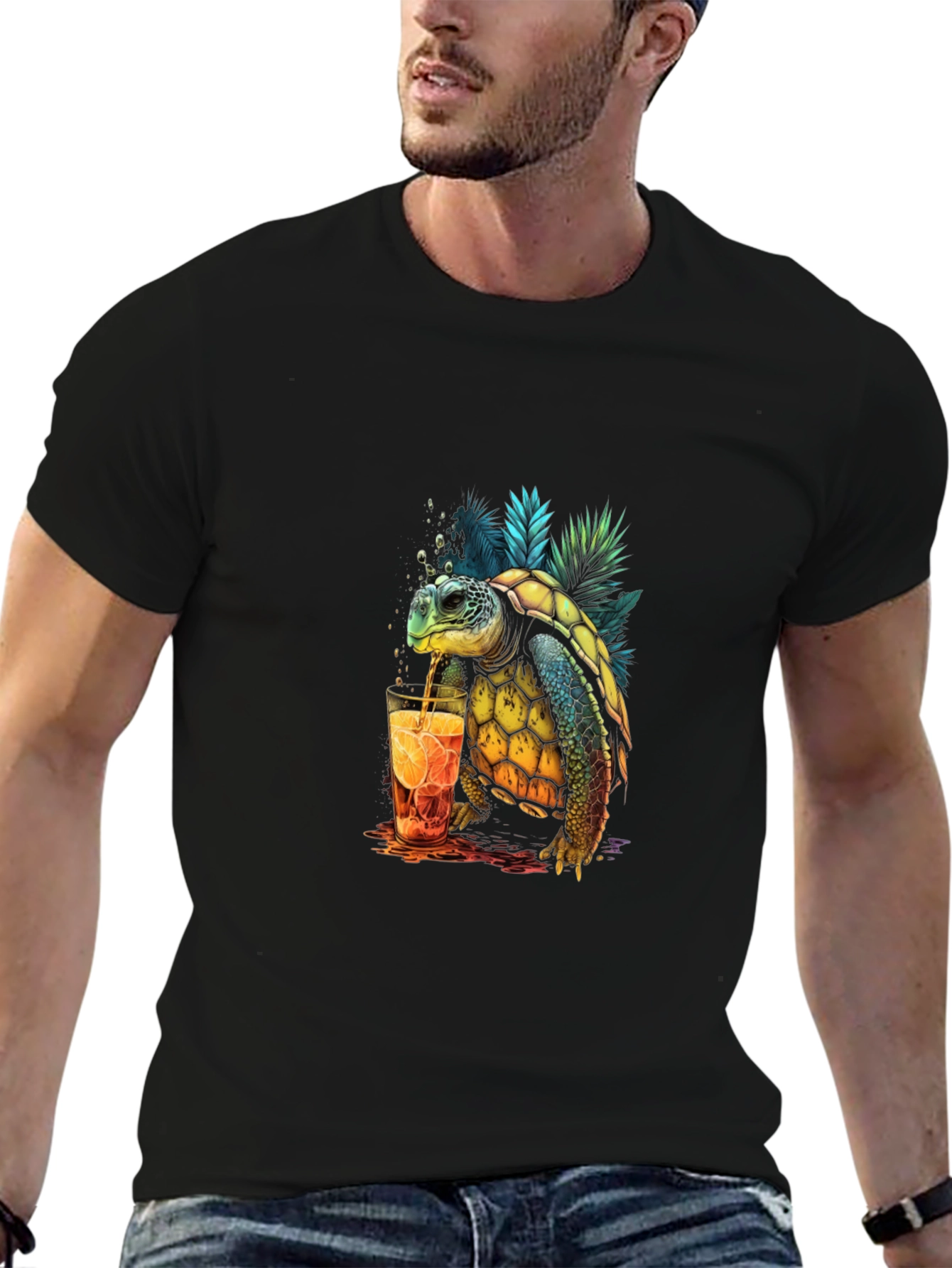 Turtle Sipping Drink Graphic T-Shirt