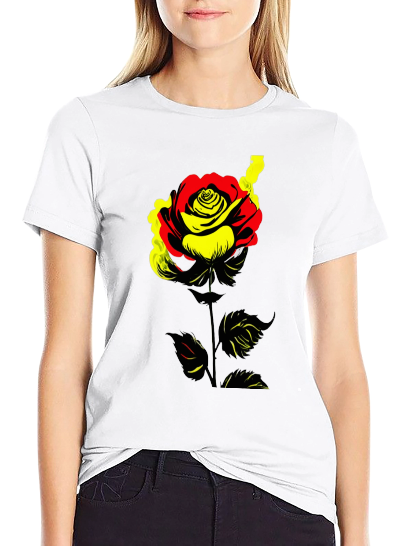 Rose Graphic Tee - Black Cotton Blend Shirt
