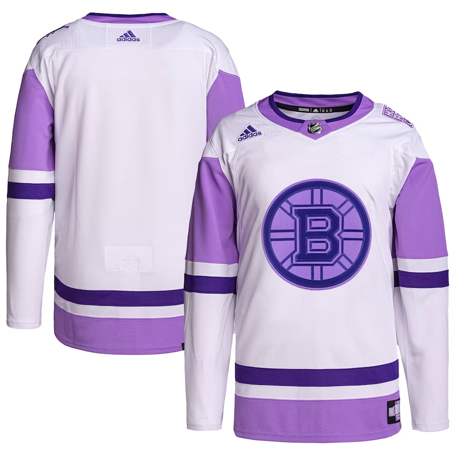Men's Boston Bruins White/Purple Hockey Fights Cancer Primegreen Authentic Blank Practice Jerseys
