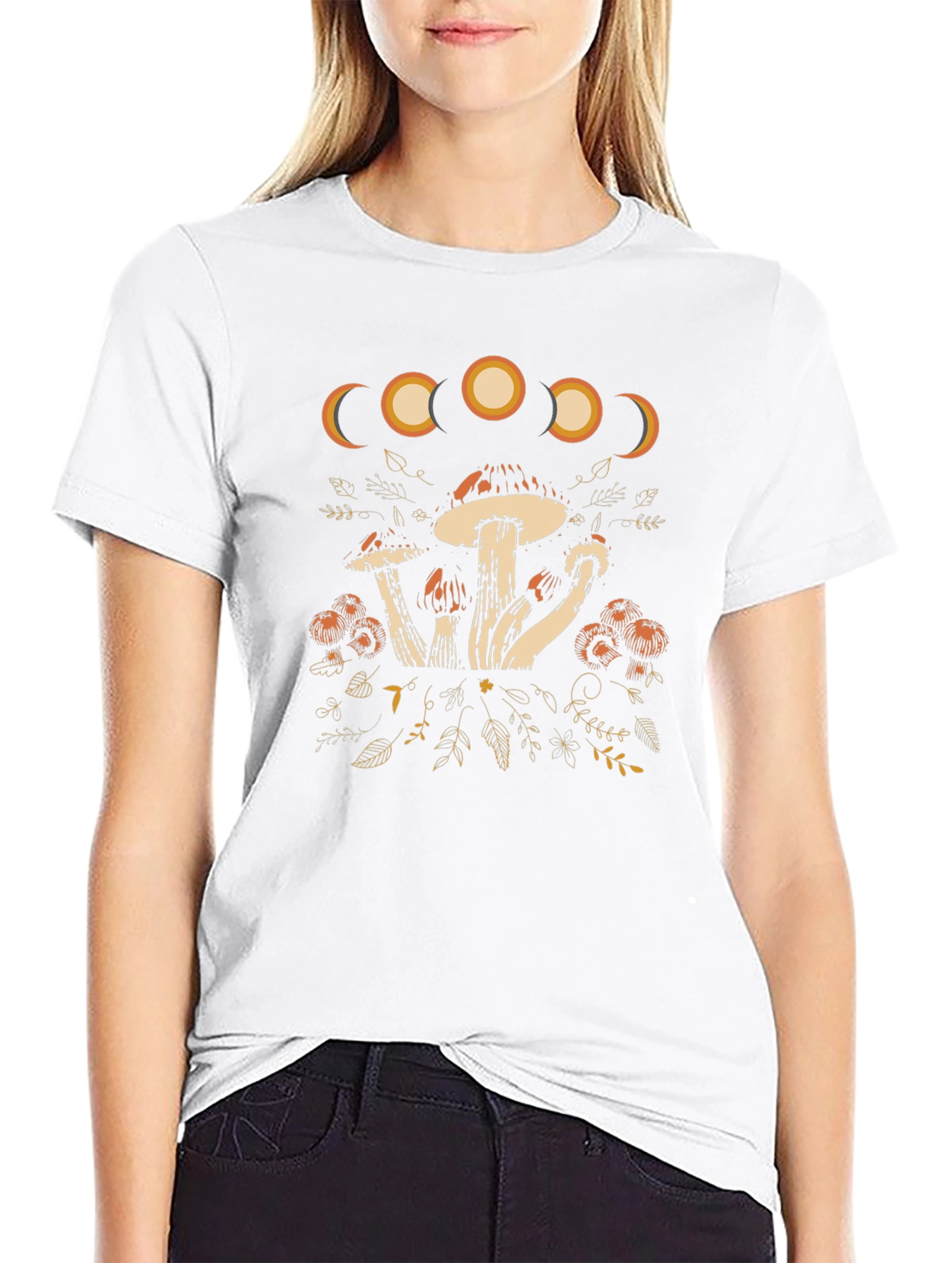 Moon Phase Mushroom Graphic Tee - Black Cotton