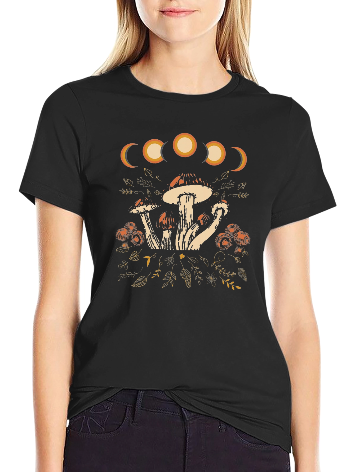 Moon Phase Mushroom Graphic Tee - Black Cotton