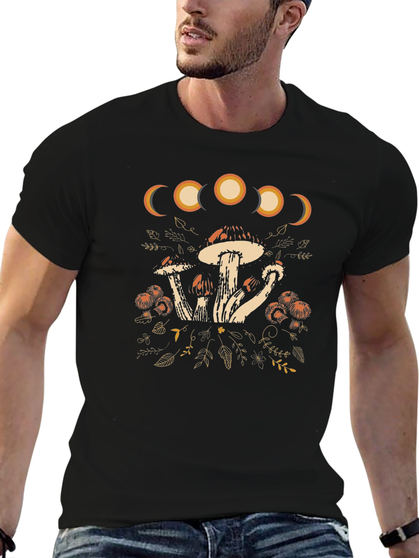 Moon Phase Mushroom Graphic Tee - Black Cotton