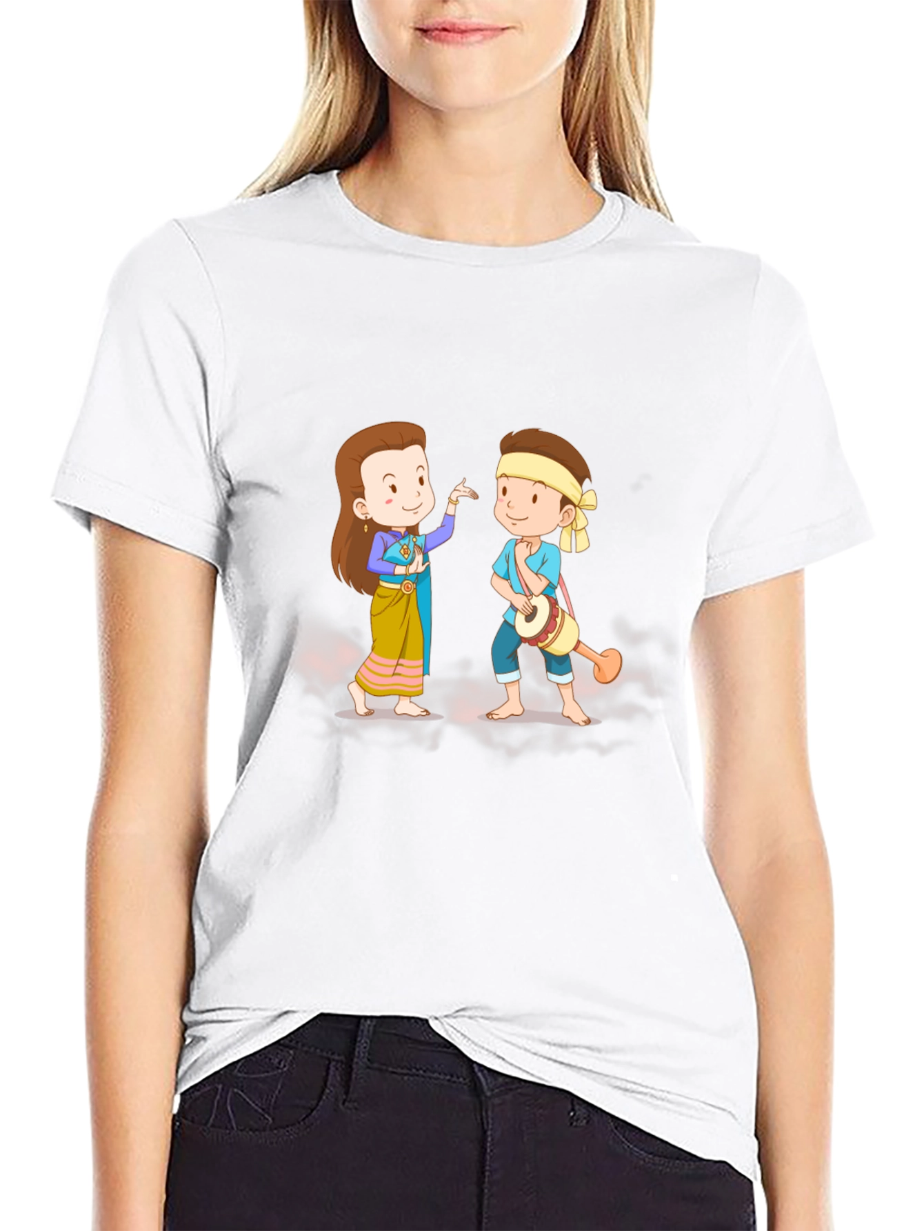 Thai Dance Cartoon Graphic Black T-Shirt
