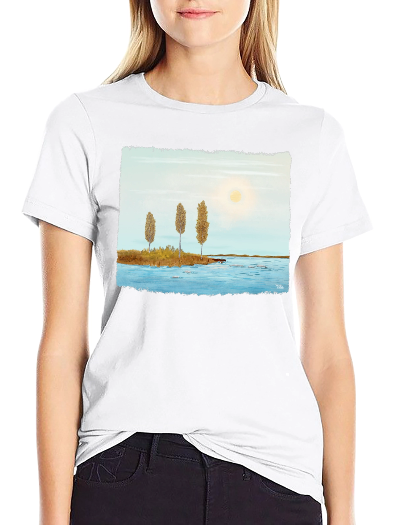 Scenic Lake Print Black T-Shirt