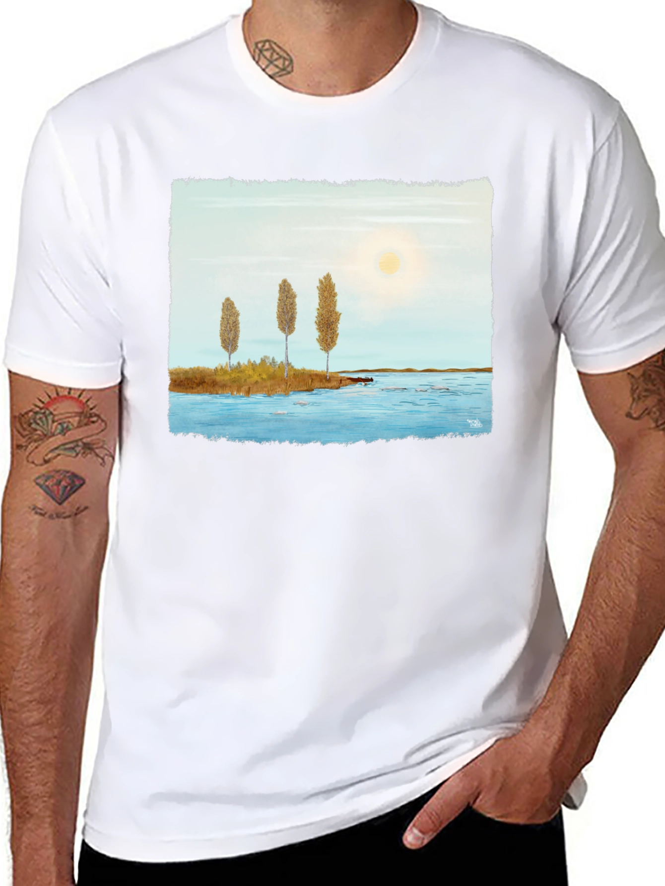 Scenic Lake Print Black T-Shirt