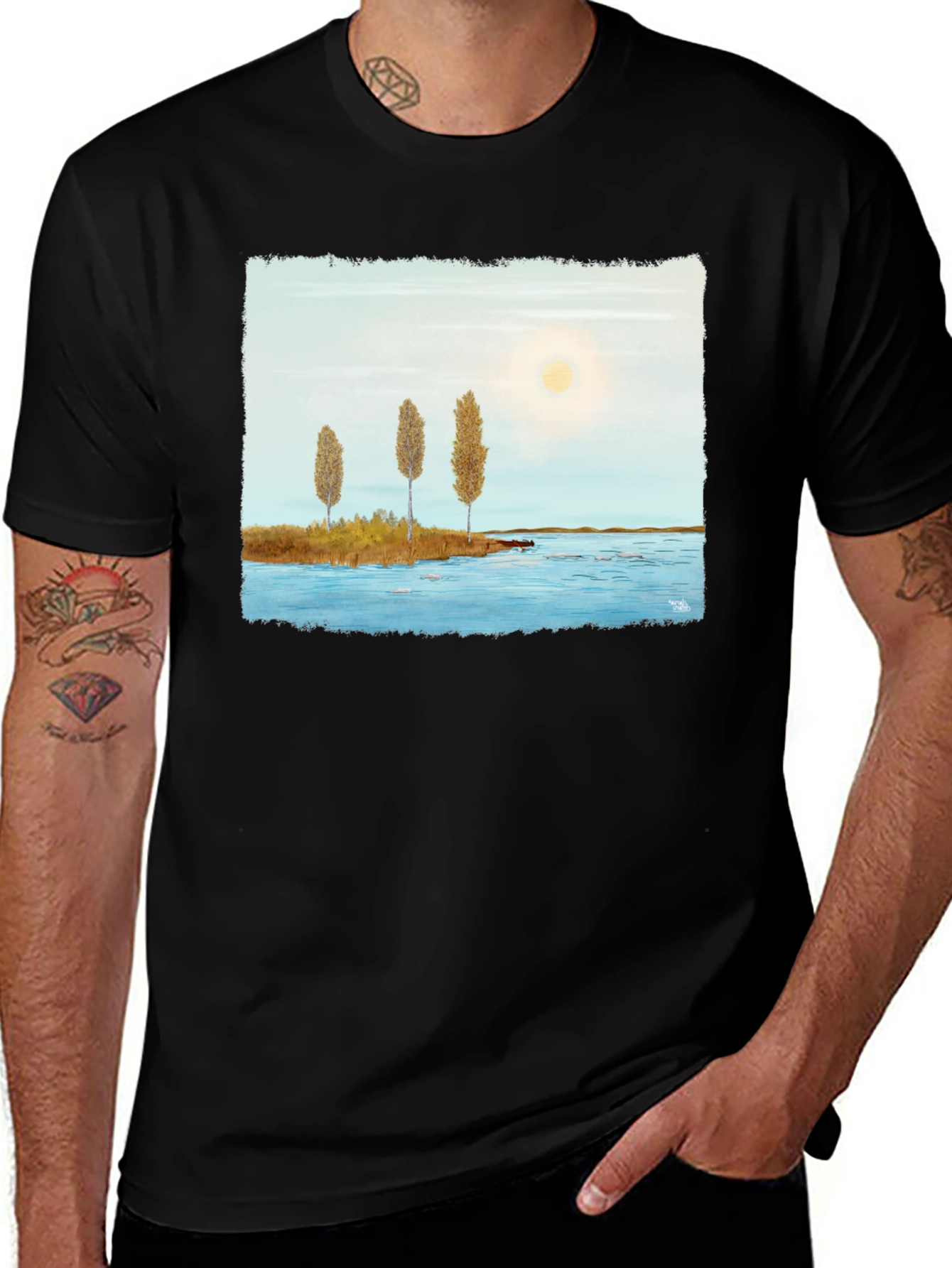 Scenic Lake Print Black T-Shirt