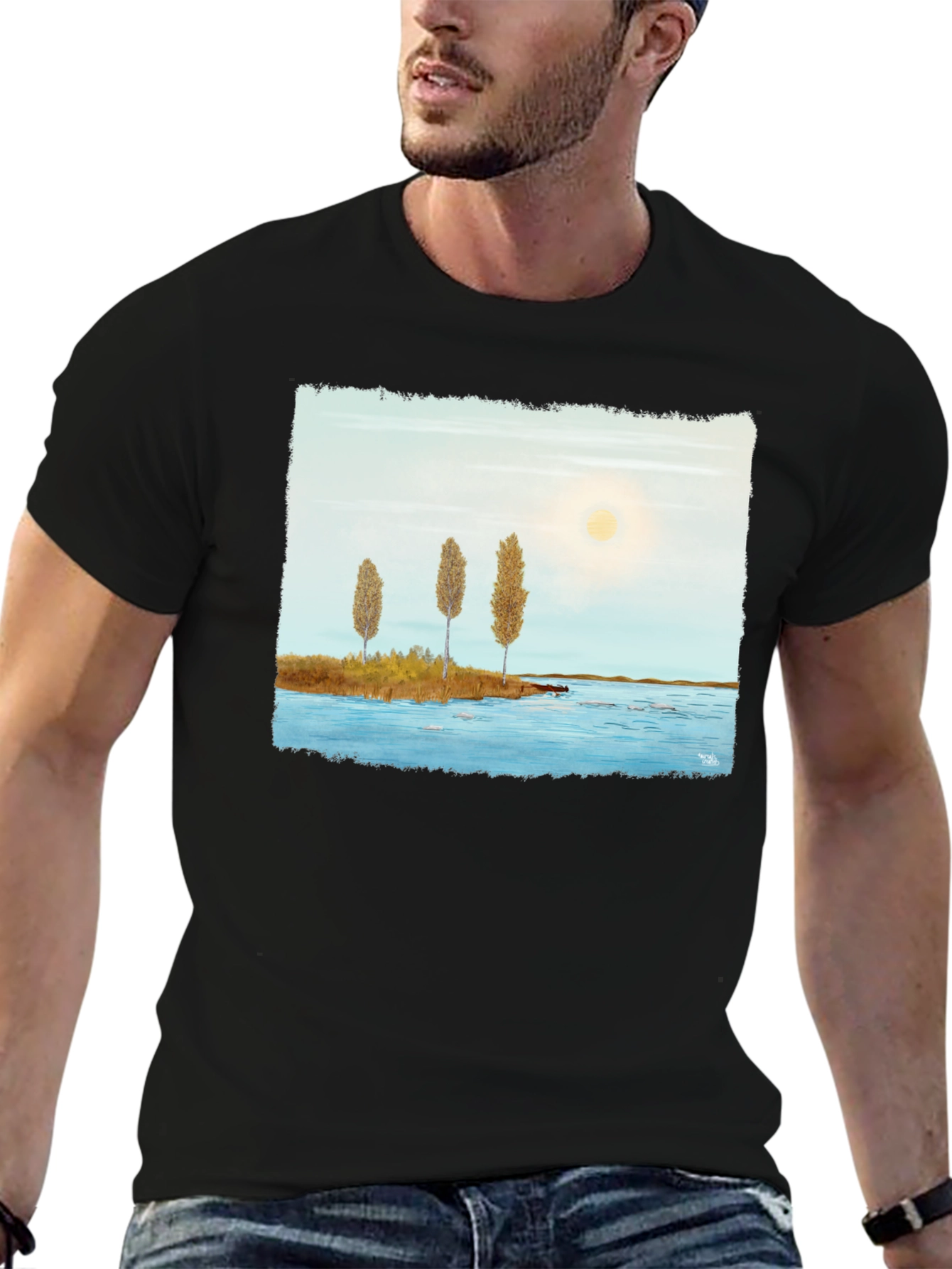 Scenic Lake Print Black T-Shirt