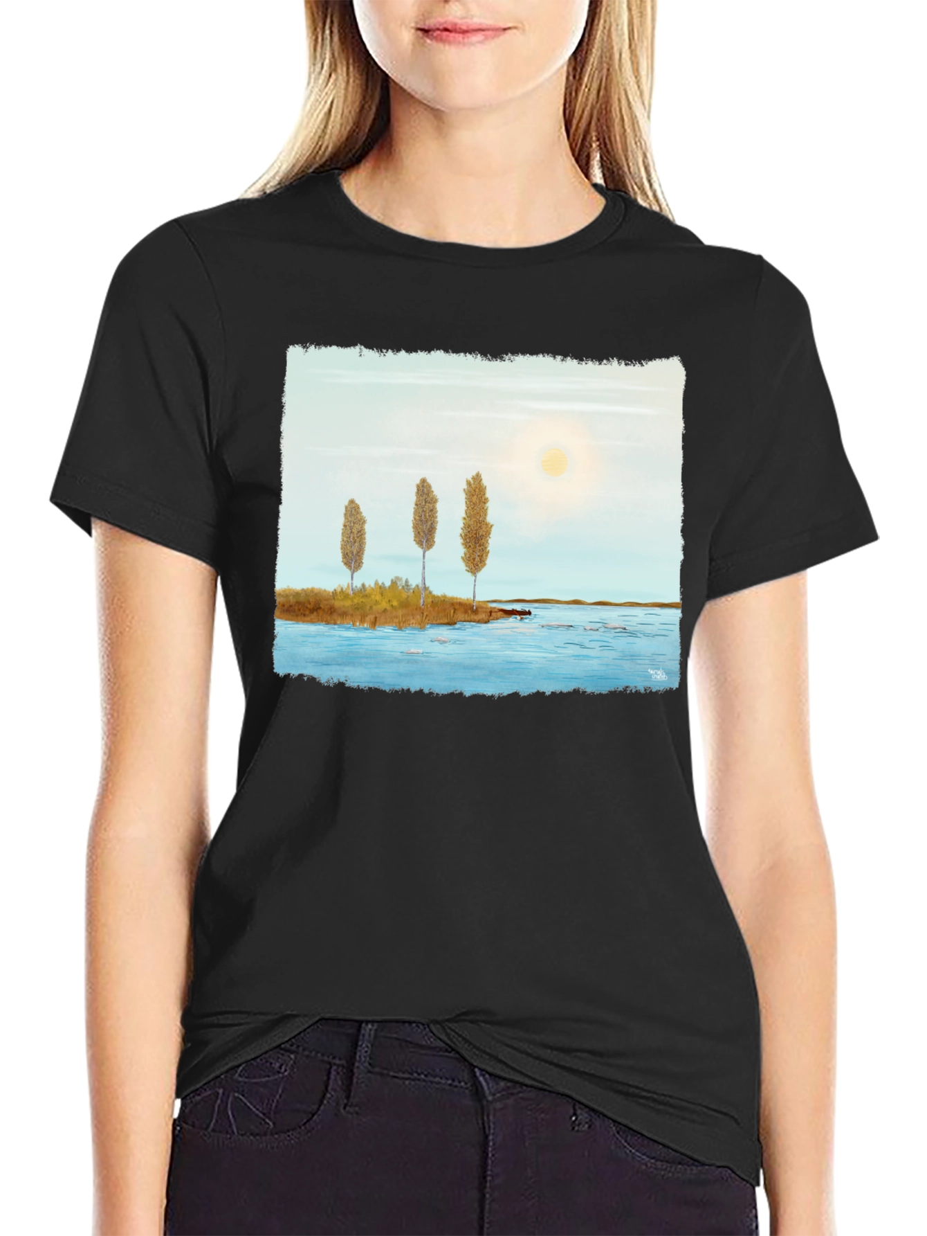 Scenic Lake Print Black T-Shirt