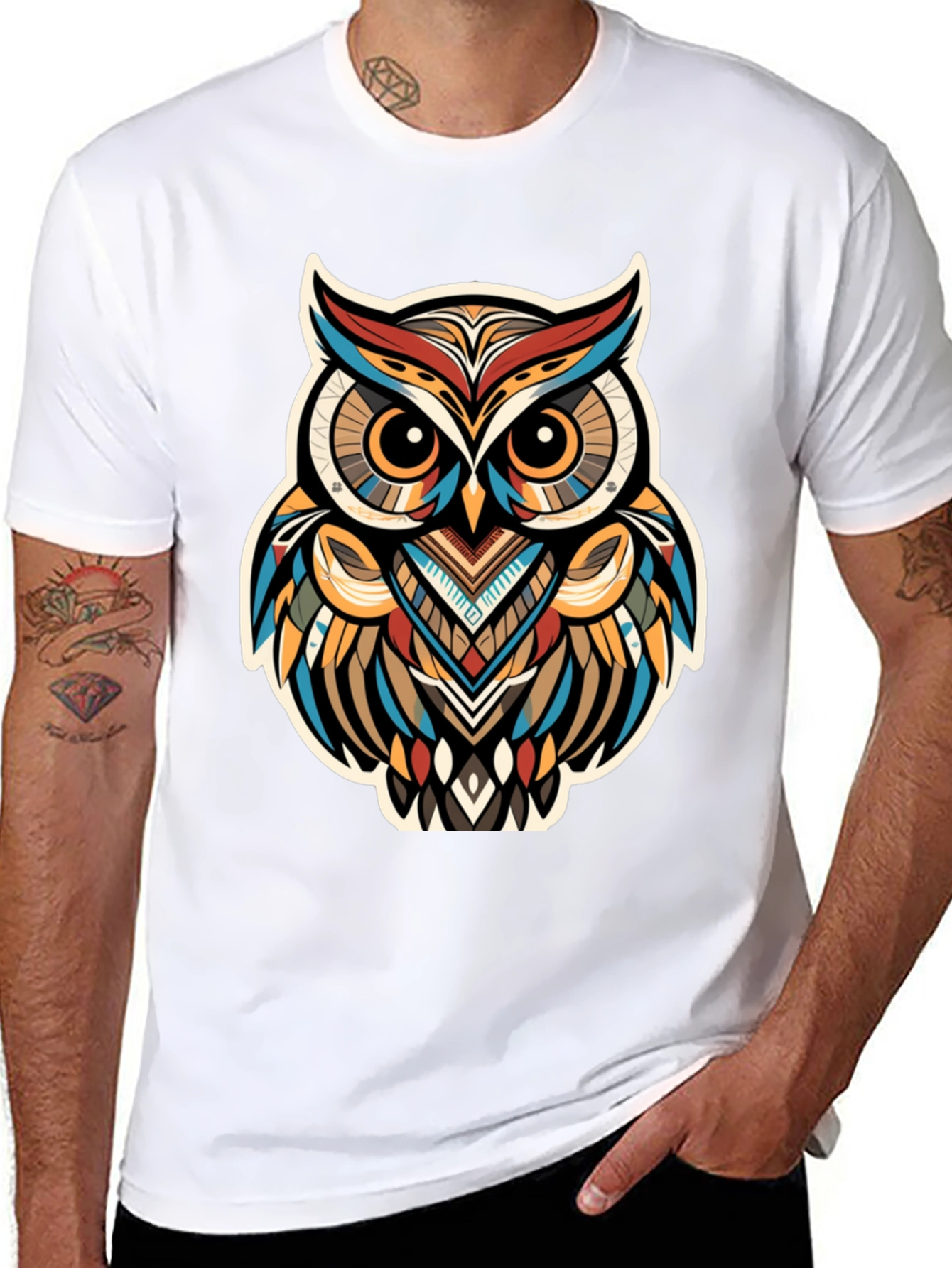 Tribal Owl Graphic Print Black T-Shirt