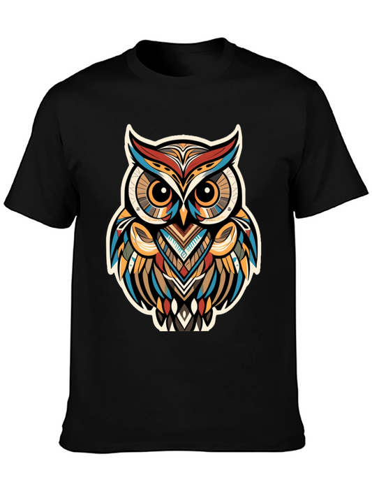 Tribal Owl Graphic Print Black T-Shirt