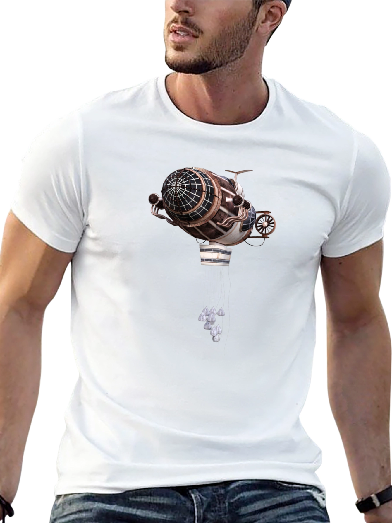 Steampunk Airship Graphic Tee - Black Cotton T-Shirt